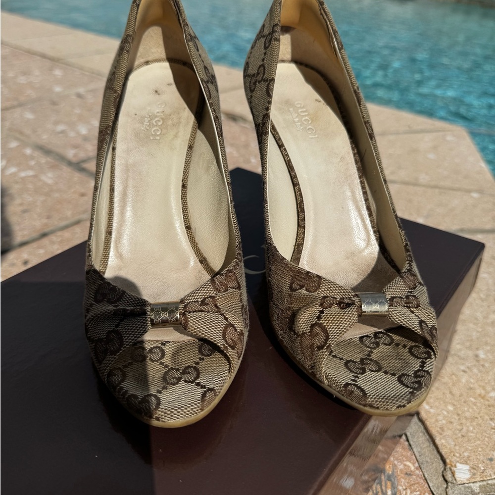 Gucci Beige Monogram Peep-Toe Heels